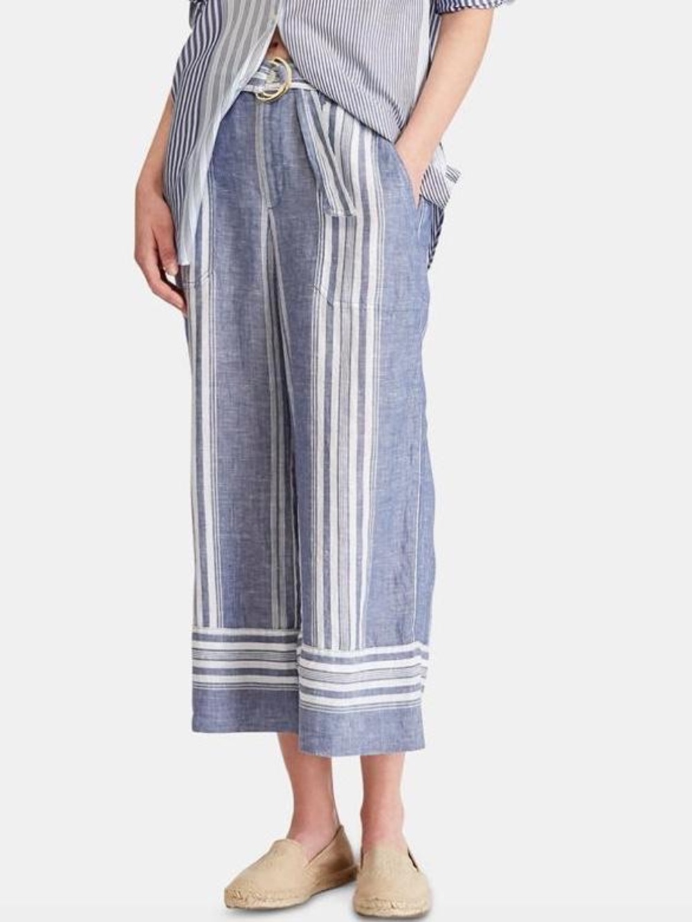 Ralph Lauren Blue Linen Striped Wide Leg Cropped Pant Sz 10 Medium Coastal Beach